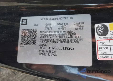 2020 Chevrolet Camaro Rwd 1Lt из США, поврежденный, VIN 1G1FB1RS8L0119202